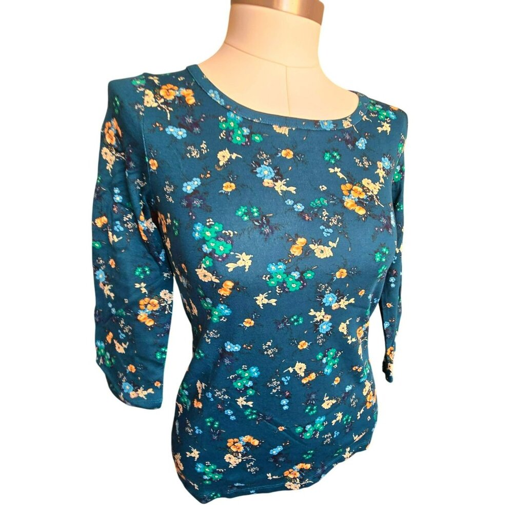 Floral Print Blouse Croft & Barrow Womens XS Green Blue 3/4 Sleeve Top Jj432